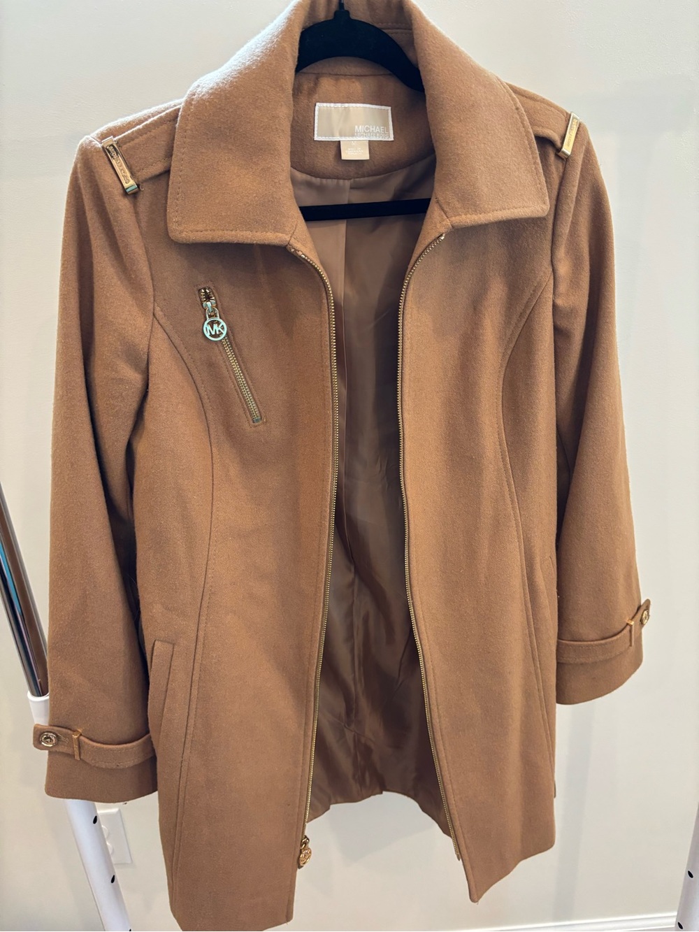 Michael Kors Camel Wool-Blend Pea Coat with Gold Hardware